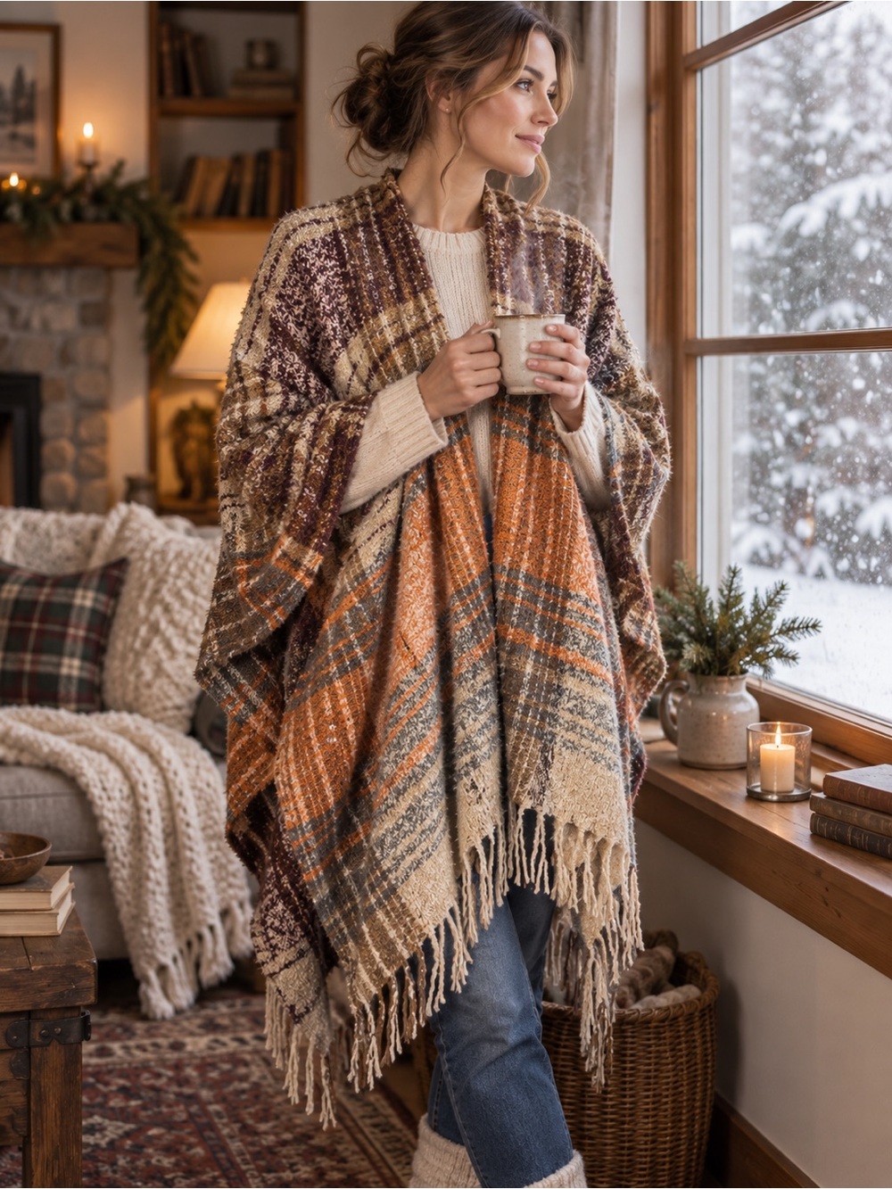 G by Gear Oversized Plaid Blanket Shawl Wrap Ruana Fringe Boho Fall